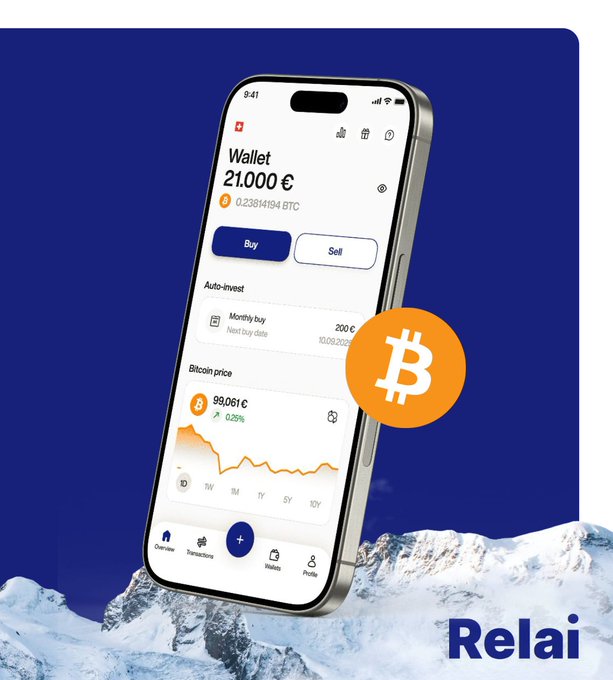 A promotional image showcasing the new Relai app release, featuring a smartphone displaying the Relai Bitcoin wallet interface with a balance of "21.000 €" (0.23814194 BTC), "Buy" and "Sell" buttons, an auto-invest section, and a Bitcoin price chart showing "99.061 €" (+0.25%), accompanied by the orange Bitcoin logo and the "Relai" brand name against a backdrop of snow-capped mountains, highlighting the app's improved features like faster buying, easier onboarding, and biometric login.