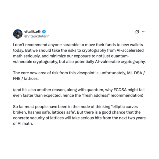 A tweet from vitalik.eth (@VitalikButerin) discussing the risks of AI-accelerated math on cryptography, particularly highlighting concerns about ML-DSA, FHE, and lattices, and recommending users minimize exposure to quantum- and AI-vulnerable cryptography.