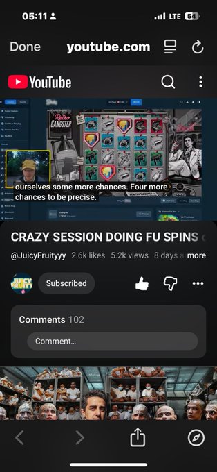 A YouTube screenshot showing a video titled 'CRAZY SESSION DOING FU SPINS' by @JuicyFruityy with 2.6k likes and 5.2k views, posted 8 days ago.