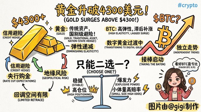 An infographic in Chinese and English discusses 'GOLD SURGES ABOVE $4300!' and compares gold and BTC, with a central balance scale asking 'CHOOSE ONE?' between 'STABLE' and 'EXPLOSIVE POWER'.