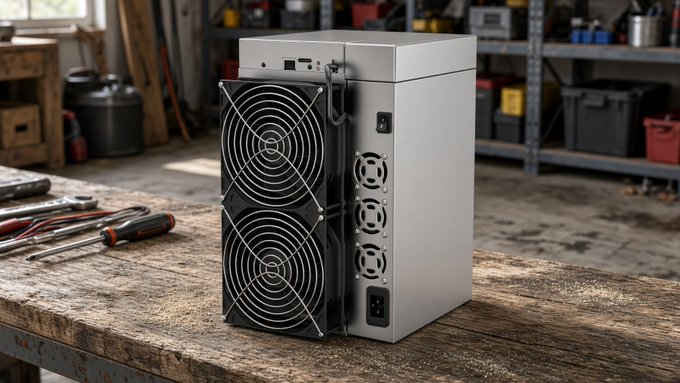 A silver desktop computer case with two large front-mounted cooling fans and multiple small circular vents on the side, sitting on a wooden workbench in what appears to be a workshop or garage setting.