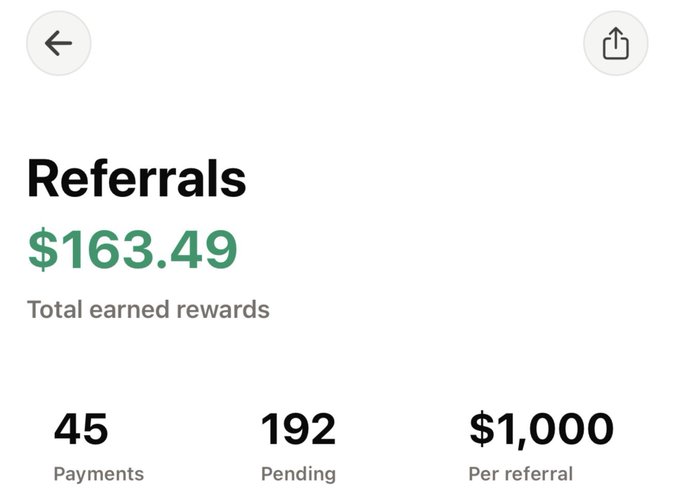 A referrals dashboard showing $163.49 total earned rewards, with 45 payments, 192 pending, and $1,000 per referral.