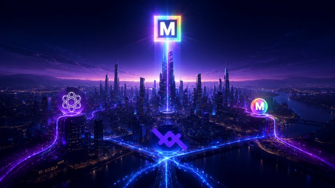 The image features an abstract representation of a city at night, with neon lights illuminating the scene. The cityscape includes buildings, roads, and various landmarks that create a vibrant atmosphere. In the center of the image, there are three symbols - M, X, and L - which could represent the title of the post or the name of the cryptocurrency being discussed. These symbols are surrounded by lines connecting them to other elements in the scene, such as buildings and roads. The city lights create a sense of depth and perspective, drawing attention to these symbols and making them stand out against the dark background.