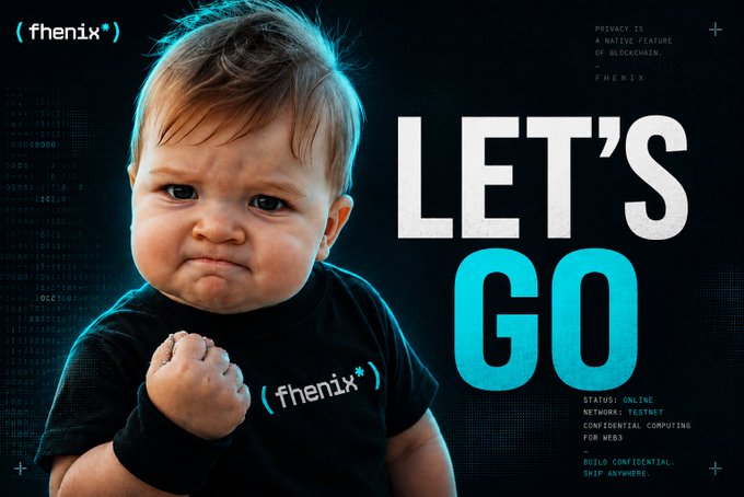 The image features a determined baby wearing a black shirt branded with "fhenix," alongside large bold text reading "LET'S GO" and a tagline stating "PRIVACY IS A NATIVE FEATURE OF BLOCKCHAIN, FHENIX." It visually amplifies the post's optimistic message about Ethereum's continued evolution, using the baby's fierce expression and encouraging "LET'S GO" text to rally confidence that Ethereum can adapt and thrive through future challenges like the quantum era, with Fhenix positioned as part of that forward-looking progress.