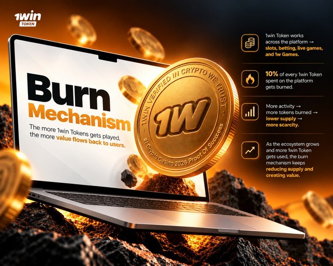 A promotional graphic for '1win TOKEN' featuring a laptop displaying 'Burn Mechanism,' a golden '1W' coin, and text explaining that 10% of every 1win Token spent gets burned.