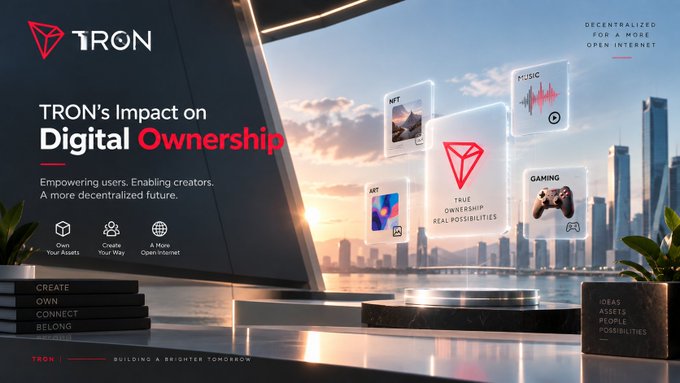A promotional graphic for TRON titled 'TRON's Impact on Digital Ownership,' featuring a futuristic city view, floating digital asset cards (NFT, Music, Art, Gaming), and the tagline 'DECENTRALIZED FOR A MORE OPEN INTERNET.'