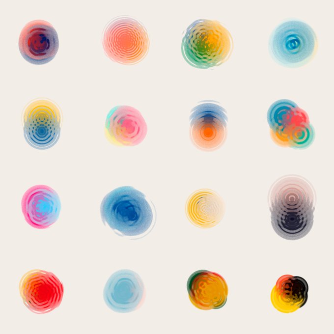 A 4x4 grid of sixteen abstract circular artworks featuring concentric patterns in vibrant colors like pink, blue, yellow, green, and orange on a white background.