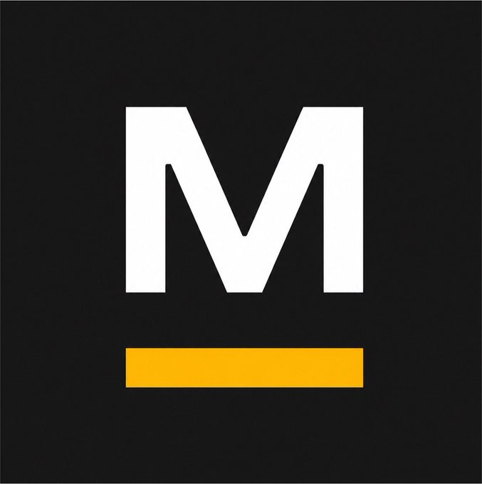 A minimalist logo featuring a large white letter 'M' above a yellow rectangular bar on a black background.