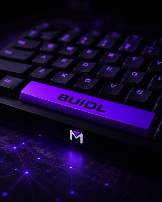 A sleek black mechanical keyboard glows in vibrant purple lighting, with the spacebar prominently displaying the word "BUIDL" above an "M" logo, set against a dark surface with subtle purple network-like patterns. The image perfectly visualizes the "hit BUIDL, chat later!" message, replacing the standard spacebar command with the crypto slang "BUIDL" to emphasize the playful encouragement to focus on building.