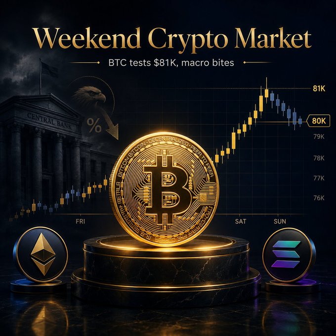 A promotional graphic titled 'Weekend Crypto Market' with subtitle 'BTC tests $81K, macro bites,' featuring a golden Bitcoin coin, Ethereum and Solana tokens, a candlestick chart trending up to 81K, and a dark central bank building in the background.