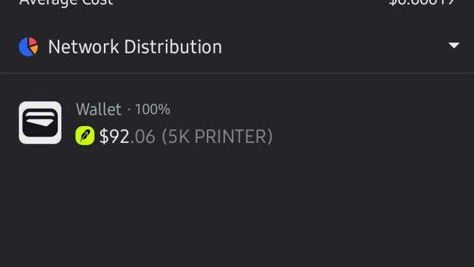 Network distribution interface showing 100% of distribution going to a Wallet containing $92.06 (5K PRINTER).