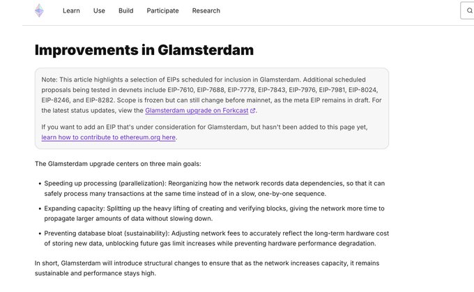 A webpage article titled 'Improvements in Glamsterdam' explaining Ethereum upgrade goals including speeding up processing, expanding capacity, and preventing database bloat.