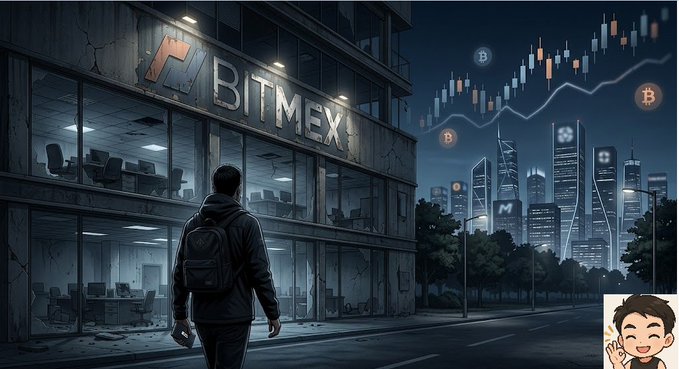 Digital artwork depicting a person with a backpack looking at an abandoned building labeled 'BITMEX', with a cryptocurrency trading chart and a city skyline in the background.