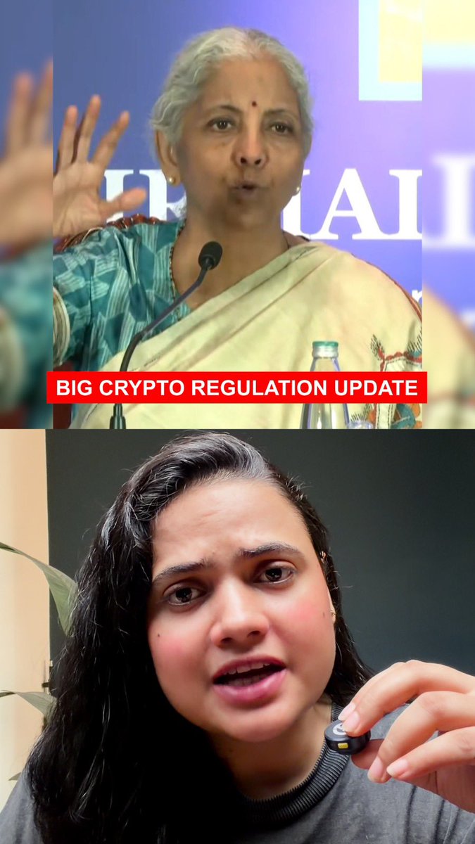 The image is a split-screen featuring a woman in traditional attire speaking at a podium on top with a red banner reading "BIG CRYPTO REGULATION UPDATE," and a younger woman holding a microphone on the bottom, appearing to comment on India's recent cryptocurrency regulatory announcement.