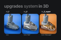 An illustration titled 'upgrades system in 3D' shows three progressive boot models labeled 'H_1' (none), 'H_2' (boot 'MW'), and 'H_2_super' (boot 'mw_super').