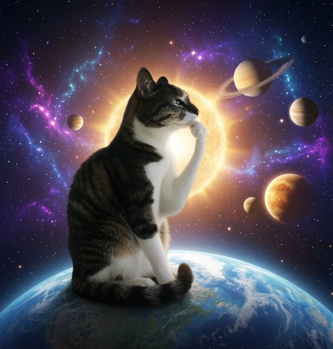 A tabby cat sits atop Earth against a cosmic backdrop of glowing nebulae, planets, and stars, appearing lost in thought. The surreal scene captures the post's reflective tone of simply existing in a vast, wondrous world.