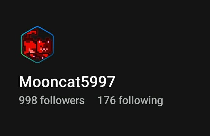 A Twitter profile for 'Mooncat5997' showing 998 followers and 176 following, with a pixelated red cat avatar in a hexagonal frame.