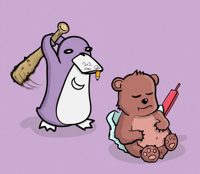 A cartoon illustration showing a purple penguin-like creature with a baseball bat drawn on its face, standing next to a sad brown teddy bear holding a red bat on a pillow.