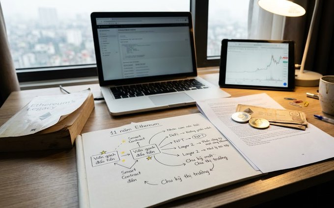 A desk setup featuring a laptop displaying Ethereum's whitepaper, a tablet showing price charts, and a handwritten mind map outlining Ethereum's evolution from smart contracts to DeFi, NFTs, and Layer 2 solutions, alongside a copy of "Ethereum's Odyssey" and coffee—visually echoing the post's reflection on Ethereum's 11-year journey and its foundational innovations.