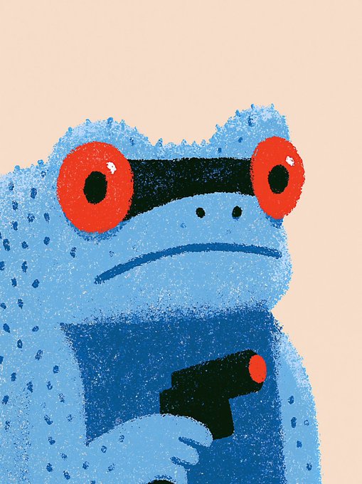 An illustration of a blue frog-like creature with large red eyes, holding a black gun with a red tip against a peach background.