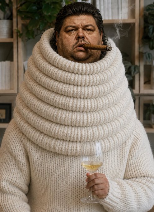 A photorealistic image of a man smoking a cigar while wearing an exaggerated thick cream-colored turtleneck sweater with stacked folds around his neck, holding a glass of white wine.