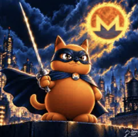 A stylized cartoon orange cat dressed as a masked superhero stands on a city rooftop at night with a sword and cape, beneath a glowing emblem resembling a crowned “M.”