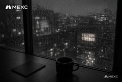 A black and white scene shows a coffee mug resting on a windowsill overlooking a brightly lit city skyline at night, with the 'MEXC' logo visible in the top left corner.