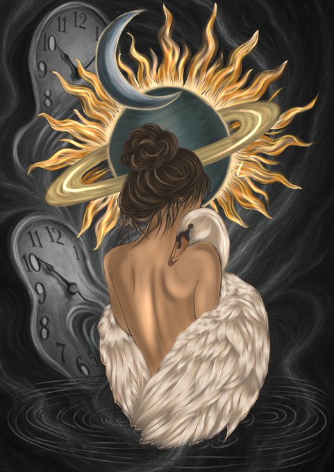 An artistic illustration depicting a woman from behind, wrapped in a white fur shawl, with her head replaced by a sun and planet motif, set against a dark, swirling background with melting clocks reminiscent of Salvador Dalí's work.