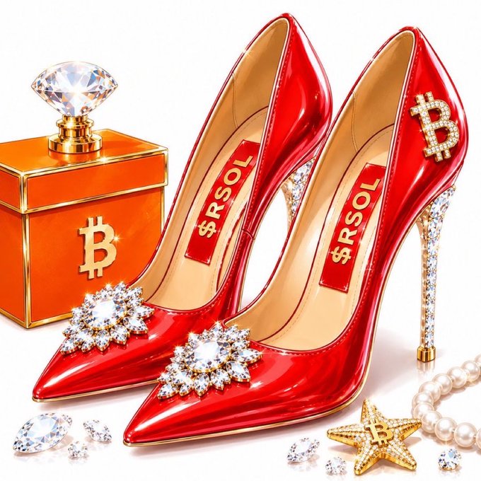 A pair of red patent leather high heel shoes with "$RSOL" on the soles, decorated with diamond brooches, next to an orange Bitcoin-themed jewelry box and pearls.