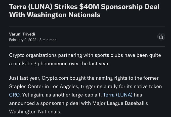 An article headline from February 9, 2022, by Varuni Trivedi, announcing that Terra (LUNA) has struck a $40 million sponsorship deal with Major League Baseball's Washington Nationals.