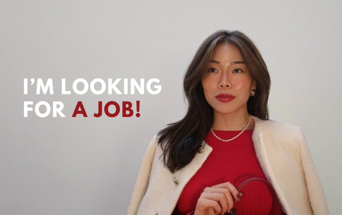 Photo of a young woman in a red top and beige blazer with text overlay reading 'I'M LOOKING FOR A JOB!'