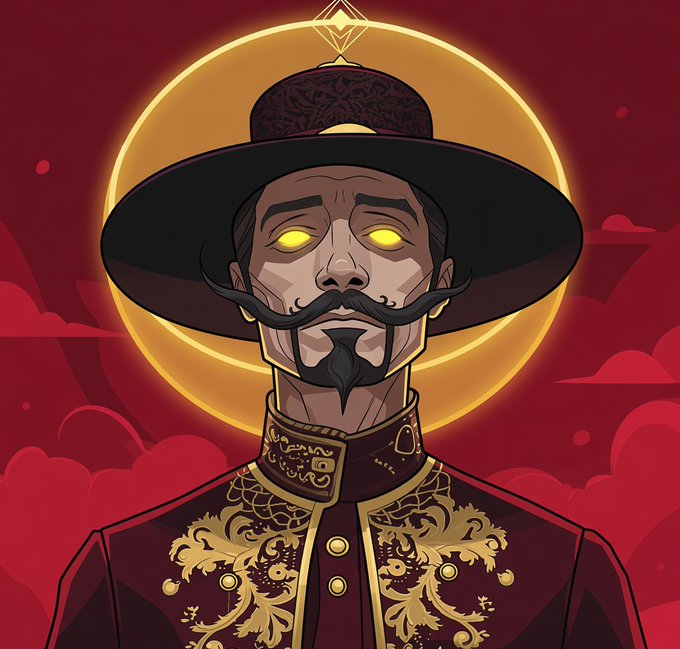 A stylized digital illustration depicts a man with glowing yellow eyes, a curled mustache, and a goatee, wearing an ornate hat and a red uniform with intricate gold embroidery against a red and gold background.