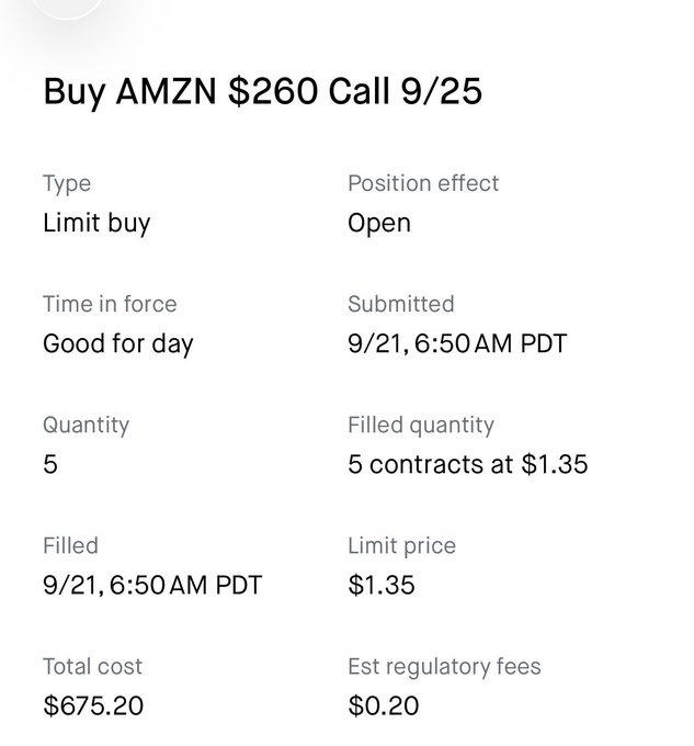 A brokerage order confirmation screen showing a 'Buy AMZN $260 Call 9/25' limit order, which was filled for 5 contracts at $1.35 each on 9/21 at 6:50 AM PDT, totaling $675.20 in cost.
