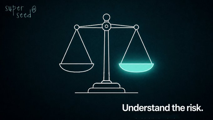 Illustration of a glowing teal balance scale with the text 'superseed' and 'Understand the risk.'