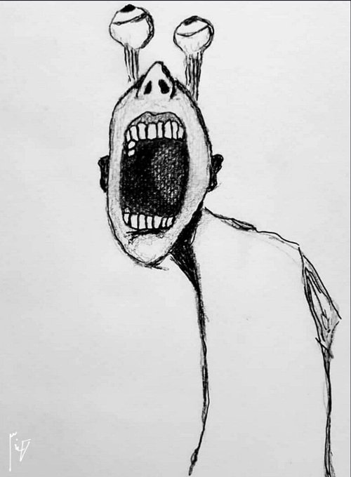 A black and white pencil sketch of a grotesque, screaming figure with bulging eyes on stalks and a wide, toothy mouth.