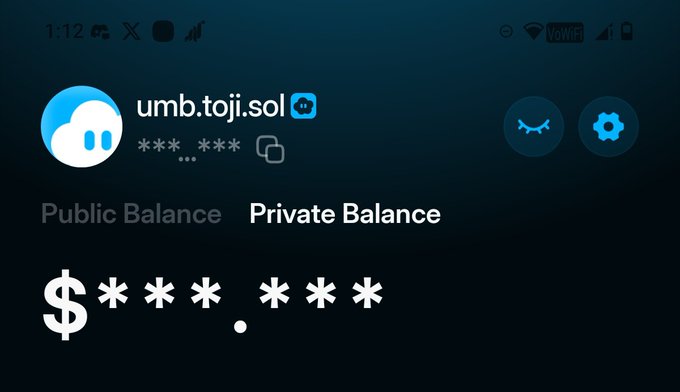 The image features a screenshot of a Twitter post with the hashtag #PublicBalance. The text of the post mentions that users can set up a @sns subdomain from their main domain, allowing them to manage their payments on their umbra address in privacy mode by receiving into this subdomain Shield your assets Private. The post discusses how the @UmbraPrivacy account can provide access to private information and assets while maintaining an "@Umbra" identity for users.