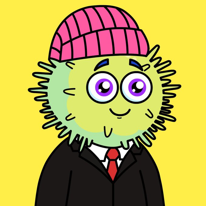 A cartoon illustration of a green-skinned character with purple eyes and fluffy hair wearing a black suit, red tie, and pink beanie on a yellow background.