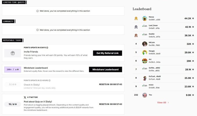 A webpage screenshot showing a leaderboard and quests page with sections for 'LIMITED-TIME QUESTS', 'COMMUNITY', and 'REPEATABLE TASKS', including tasks like 'Invite Friends', 'Mindshare Leaderboard', and 'Post about Quip on X', with the top leader being 'Nessa' at 44.2K.