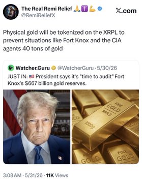 The image features a photo of the president, Donald Trump, wearing a blue suit with a white shirt, against a brown background. The image also includes an article about physical gold being tokenized for the xrpl to prevent situations like Fort Knox and the CIA. The image has been edited to give prominence to both the president and the post by placing them together in the same square.