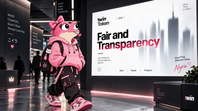 A promotional image features a pink cartoon frog character standing in front of a billboard advertising '1win Token | 2026' with the slogan 'Fair and Transparency' in a futuristic city setting.