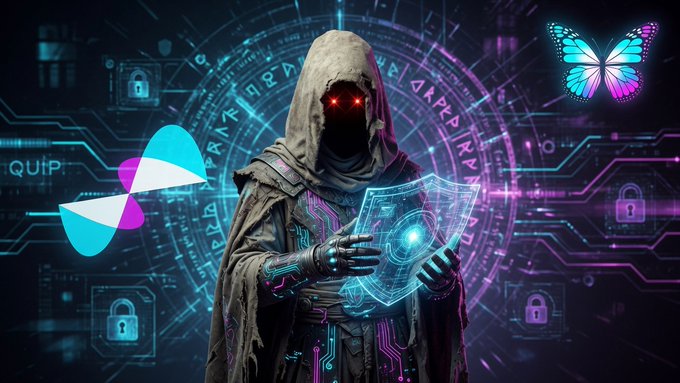 A digital artwork features a hooded figure with glowing red eyes holding a holographic shield, surrounded by magical circuitry, a butterfly, and padlock icons.