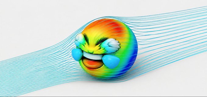 A rainbow-colored laughing emoji surrounded by flowing blue streamlines conveys a "gigachad" vibe of cheerful confidence, matching the optimistic "gm degens" tone of aiming to make a lot from a little. No text or numbers are visible in the image.