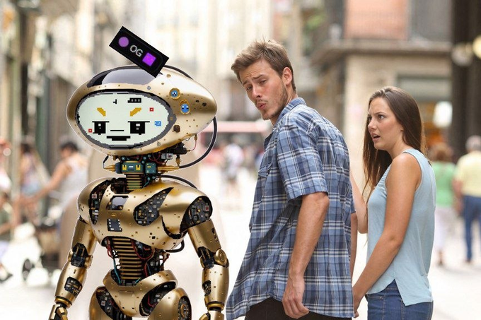 A composite image featuring a surprised-looking man and woman staring at a gold-colored humanoid robot with a digital face displaying a pixelated expression, set against a busy city street background.
