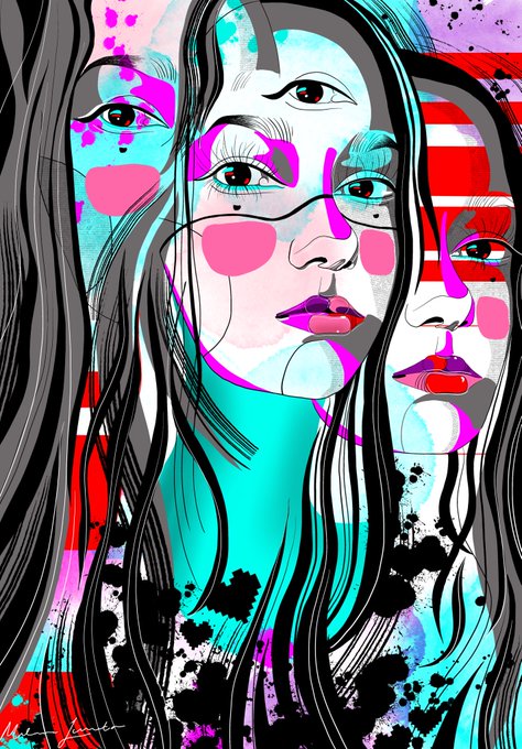 A vibrant, abstract digital illustration featuring overlapping female faces rendered with striking splashes of pink, cyan, and red against a black and white background, accented by ink splatters.