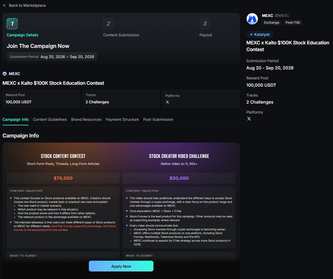 A webpage for the MEXC x Kaito $100K Stock Education Content contest, detailing a Stock Content Contest ($70,000) and a Stock Creator Video Challenge ($30,000) with an 'Apply Now' button.