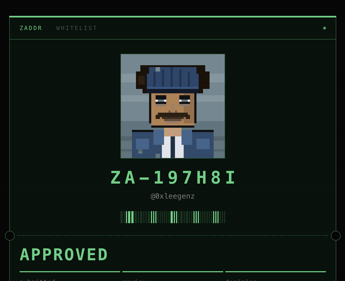 A pixel art profile card on a ZADDR WHITELIST showing character ID ZA-197H8I by @0xleegenz with an APPROVED status.