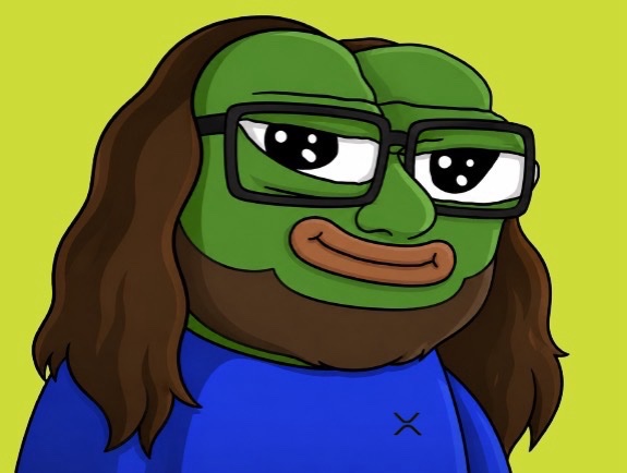 A cartoon Pepe frog character with long brown hair, a beard, glasses, and a blue shirt against a yellow background.