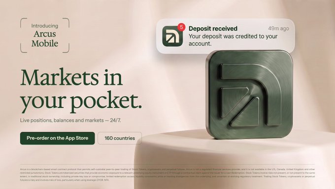 A sleek promotional image for "Arcus Mobile" announcing the app launch, featuring the text "Markets in your pocket. Live positions, balances and markets — 24/7" alongside a pre-order button for the App Store, a notification showing "Deposit received" 49m ago, and the Arcus logo on a sage green rounded square, supporting the announcement that the iOS app can now be pre-ordered while Android begins soon.