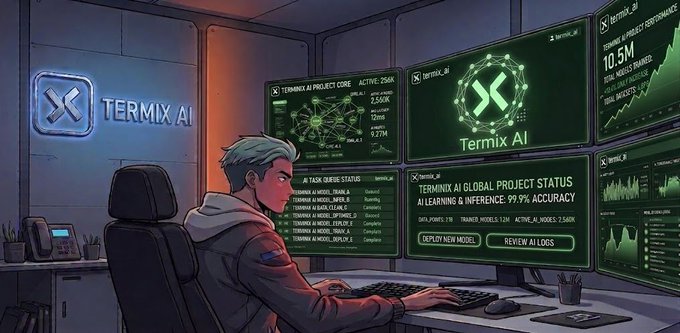 An illustrated scene depicting a young man at a futuristic workstation monitoring Termix AI project status across multiple screens, showing AI task stats, learning accuracy at 99.9%, and data processing metrics.