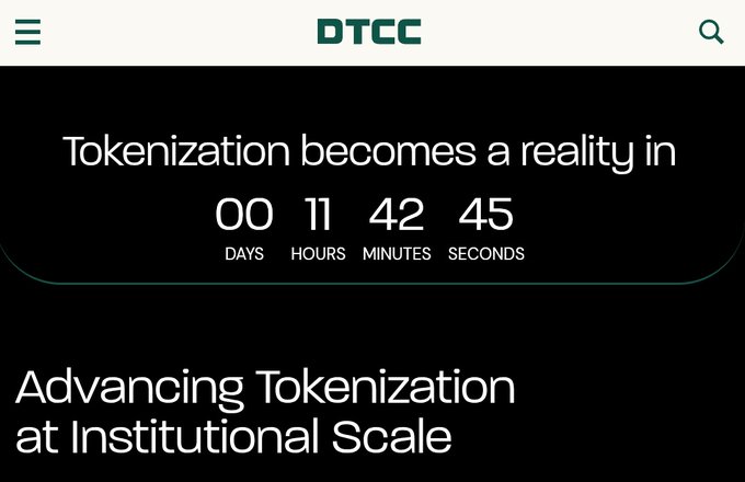 A countdown timer on the DTCC website shows 11 hours, 42 minutes, and 45 seconds remaining until "Tokenization becomes a reality," aligning with the post's excitement about the imminent tokenization soft launch event and the upcoming full service launch in October 2026.